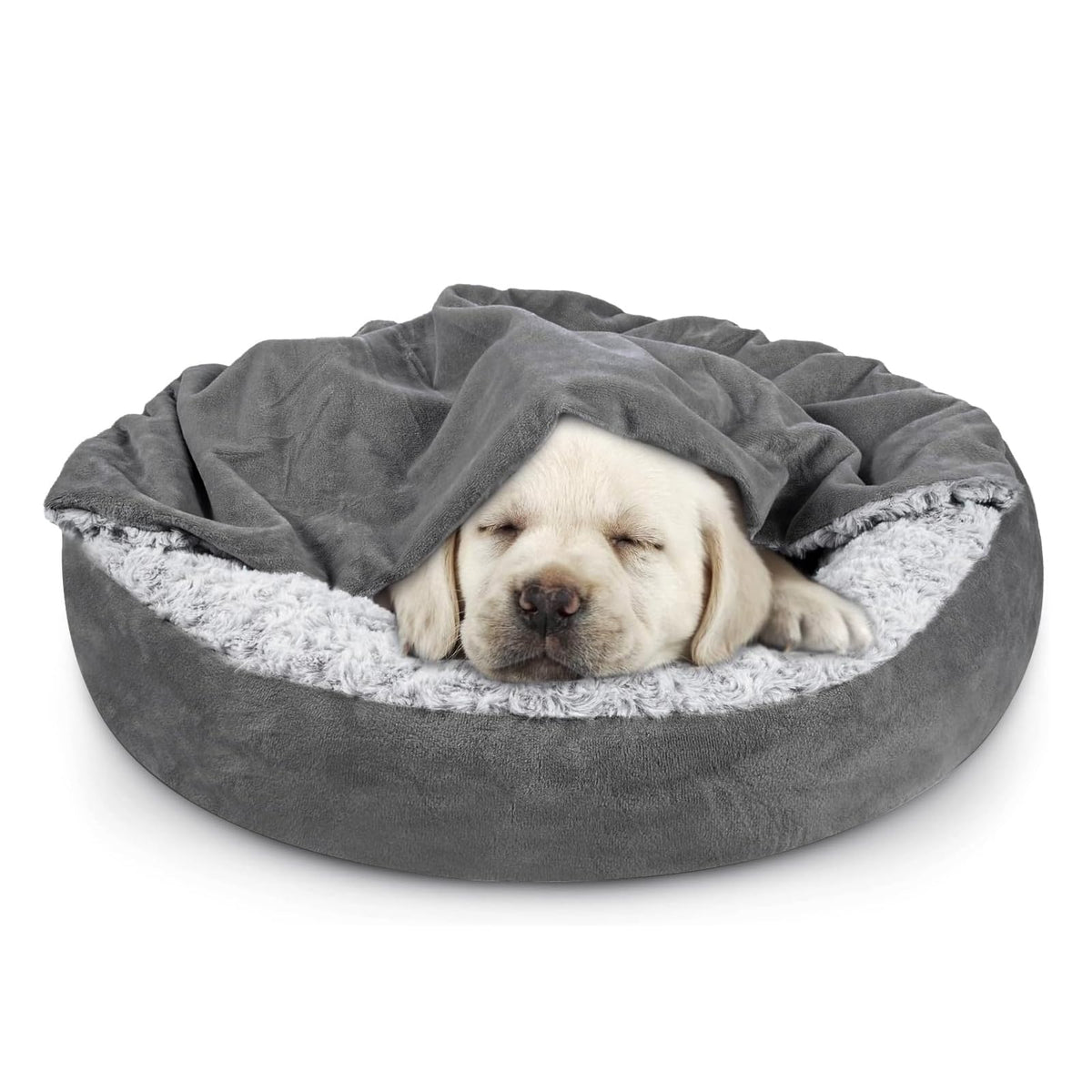 JOEJOY Small Dog Bed Cat Bed with Hooded Blanket, Cozy Cuddler Luxury Puppy Pet Bed, Donut Round Calming Anti-Anxiety Dog Burrow Cave Bed - Anti-Slip Bottom and Machine Washable 23 inch