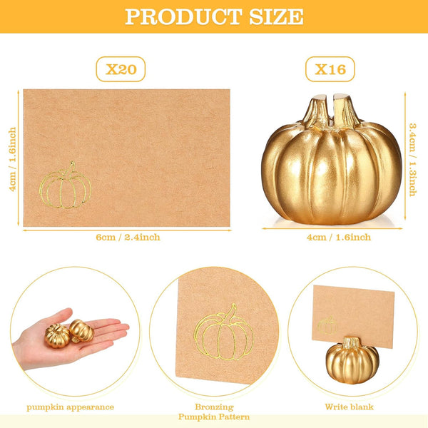 Yaomiao 16 Pcs Thanksgiving Table Decor Pumpkin Place Card Holders Mini Name Number Holders for Thanksgiving Table Setting Fall Autumn Party Photo Picture Wedding Decor(Gold)