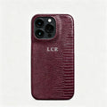 Personalise Gold Silver Initial Letters Leather Case for iPhone 14 15 16 17 Pro max 13 17 Pro Xs Max 12 11 XR 14 15 16 Plus 17air Luxury Lizard Skin Texture PU Cover (Burgundy)