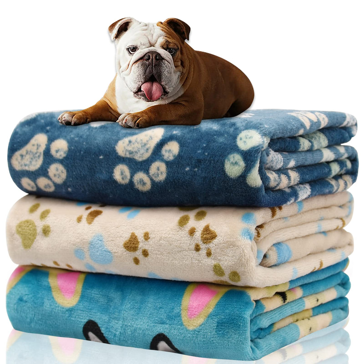 Rezutan 1 Pack 3 Blankets for Dogs, Dog Blanket for Large & Medium Pet Cat, Premium Soft Fluffy Suitable for Dog Kennels & Beds, Sofas, Gifts Puppy Essentials, 41x31inch, Gray/Blue/Beige