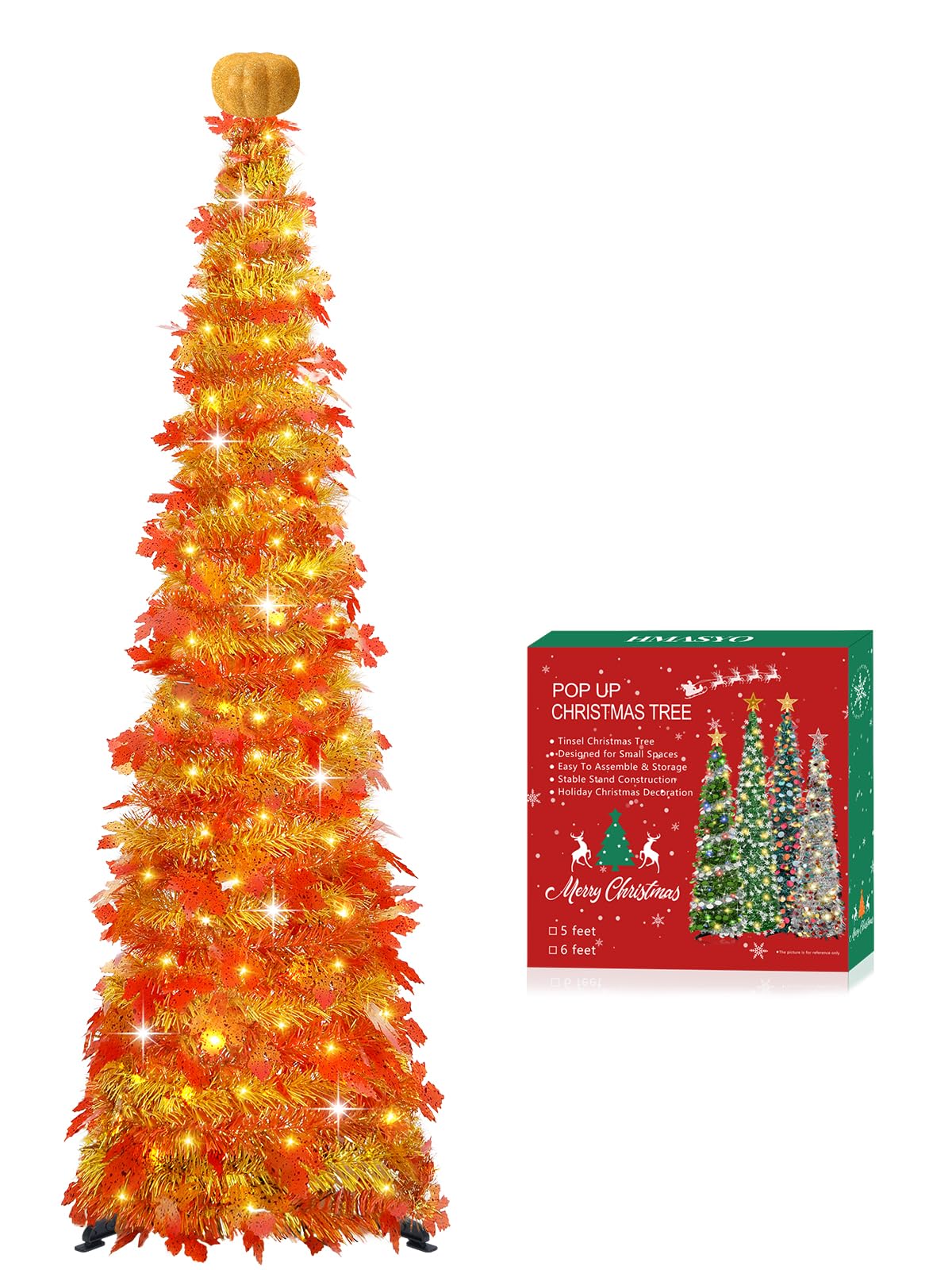 HMASYO 6 FT Pop Up Christmas Tree with 100 LED Timer Lights & Remote, Green Christmas Tinsel Tree, Collapsible Artificial Pencil Tree for Home Office Party Decor, USB Powered, Easy Assembly