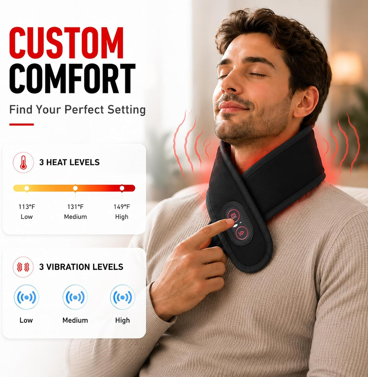 Neck Heating Pad for Pain Relief, Cordless Vibrating Neck Massager with 660nm 850nm Red Light, 3000mAh Battery 3 Heat Levels, Heated Neck Brace Wrap up to 33 Inches for Soreness Stiffness