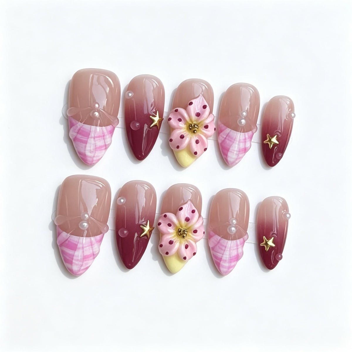 Luxury Handmade Press on Nails - Long Square White French Tips Press on Nail with Almond 3D Rhinestones, Flowers & Butterflies, Acrylic Multi-Layer Gel False Nails for Women (10Pcs Size M)