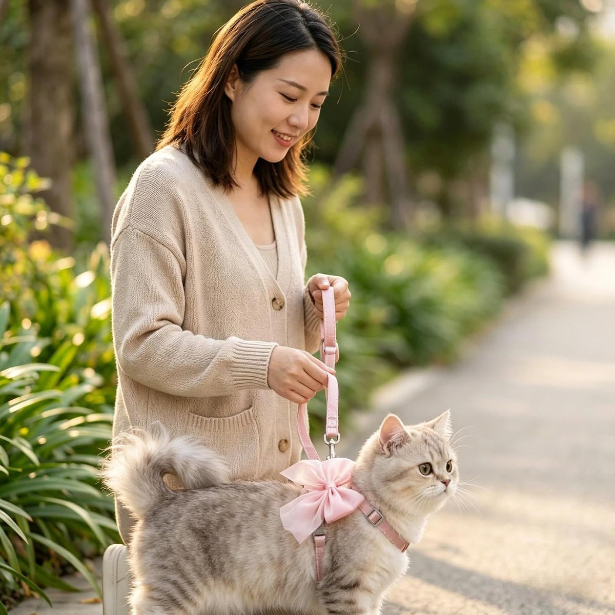 Pink Leash and Bow H-Shaped Design Harness for Small Cats Dogs, Proof Soft Adjustable Vest Easy Control Breathable Harnesses for Small Cats Dogs (S 2-7LBS)