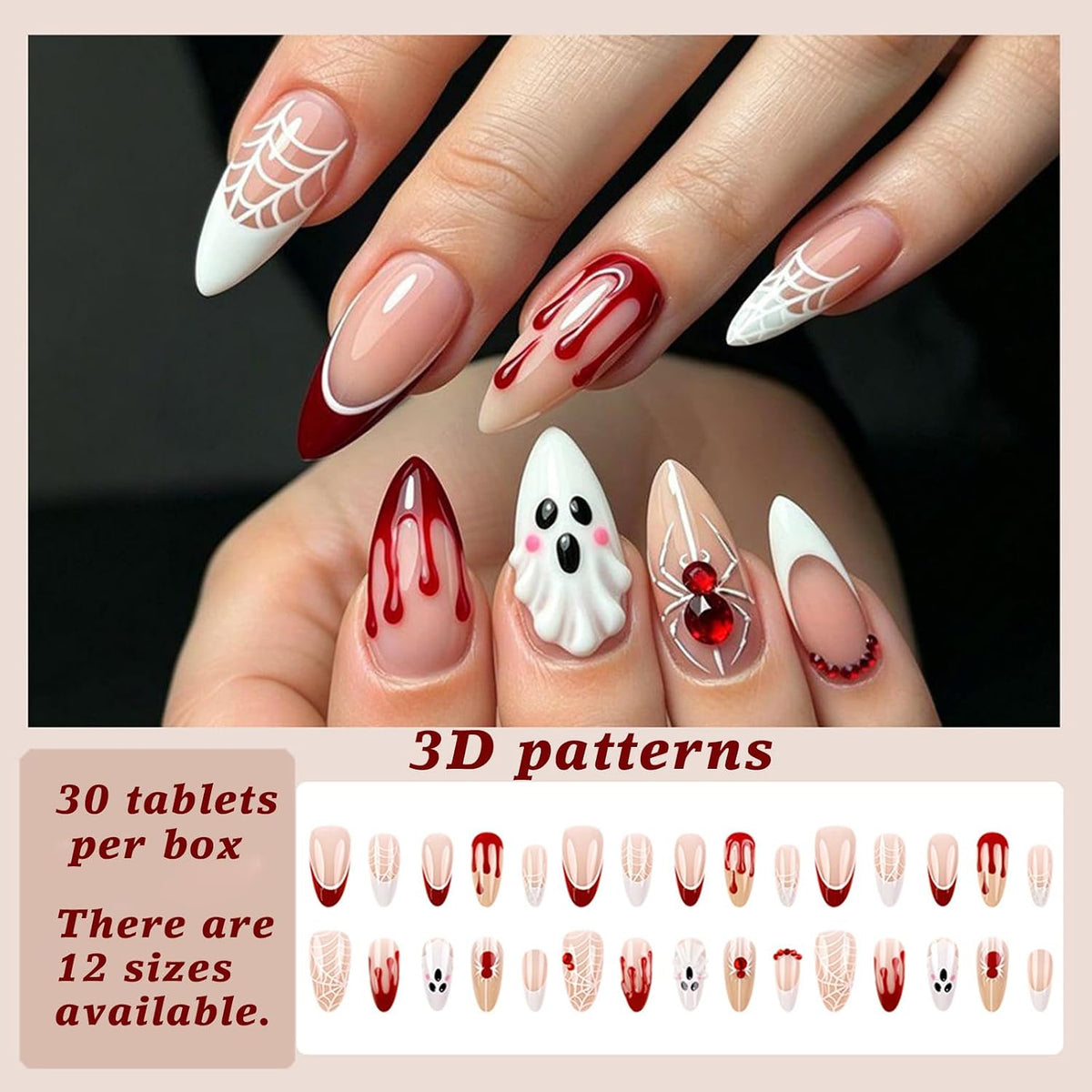Halloween Press on Nails Medium Almond Ghost Fake Nails 30Pcs