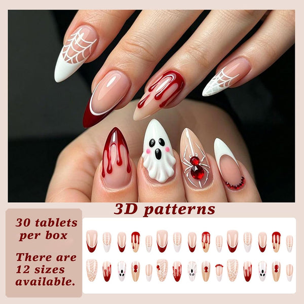 Halloween Press on Nails Medium Almond Ghost Fake Nails 30Pcs