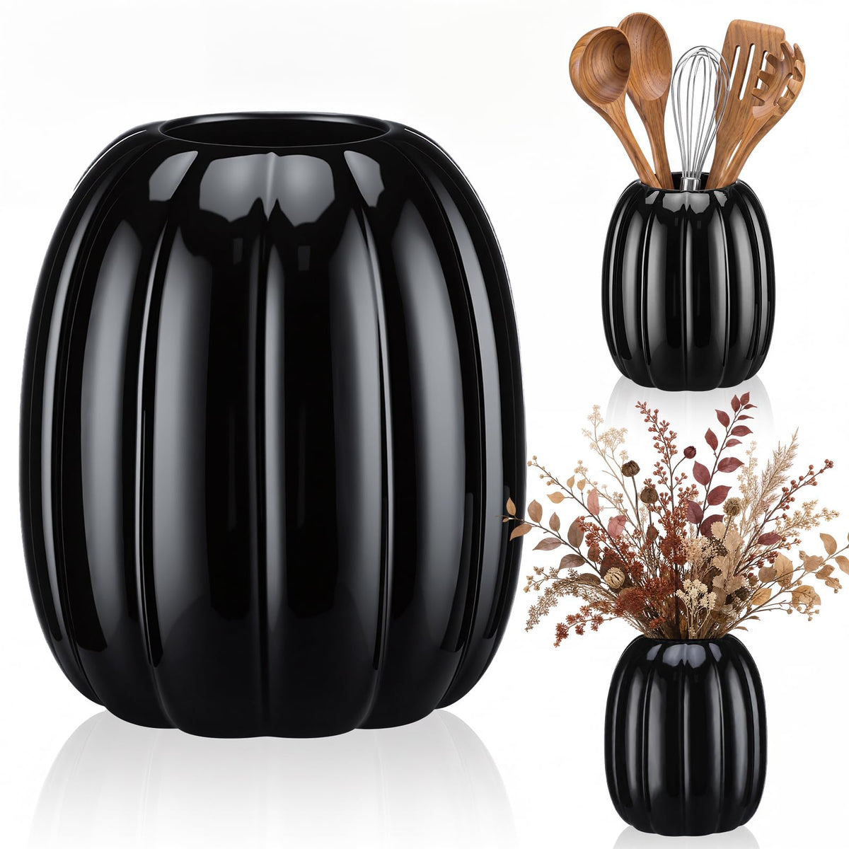 Beeveer 6.7 Inch Ceramic Pumpkin Vase, Large White Pumpkin Utensil Holder