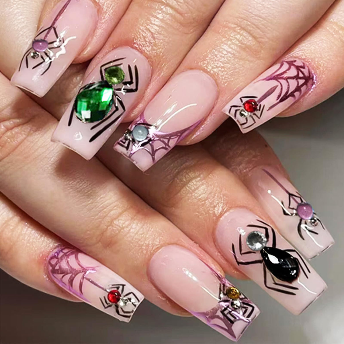48Pcs Halloween Press on Nails Ghost Stick on Fingernails Monster Short Square False Nails Glossy Black Spider Web Acrylic Fake Nail Skull Gel Glue on Nail for Coquette Women Girls