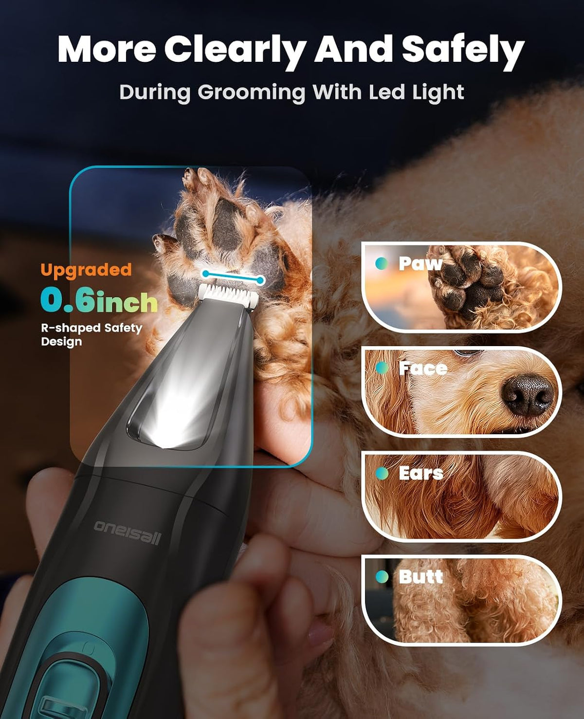 oneisall Professional 4-in-1 Dog Grooming Kit with LED Light | Quiet Clippers & Nail Grinder, Cordless, 3.7 hrs Runtime, LED Display, Safe for Paws, Face, Ears & Body