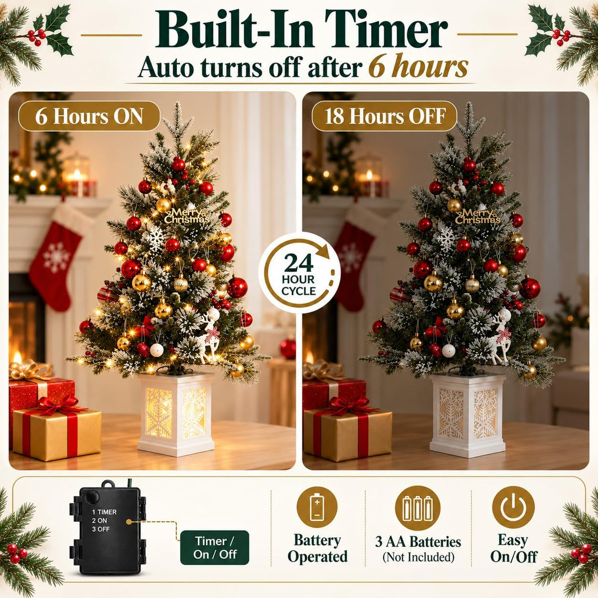 3 Ft Pre-Lit Christmas Tree, Artificial Christmas Tree with Base, Xmas Tree with Timer, Christmas Decoration for Home, Office, Easy Assembly