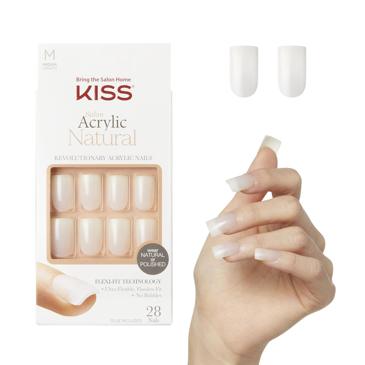 KISS Salon Acrylic Press On Nails, Nail glue included, 'Cashmere', French, Medium Size, Squoval Shape, Includes 28 Nails, 2g Glue, 1 Manicure Stick, 1 Mini file
