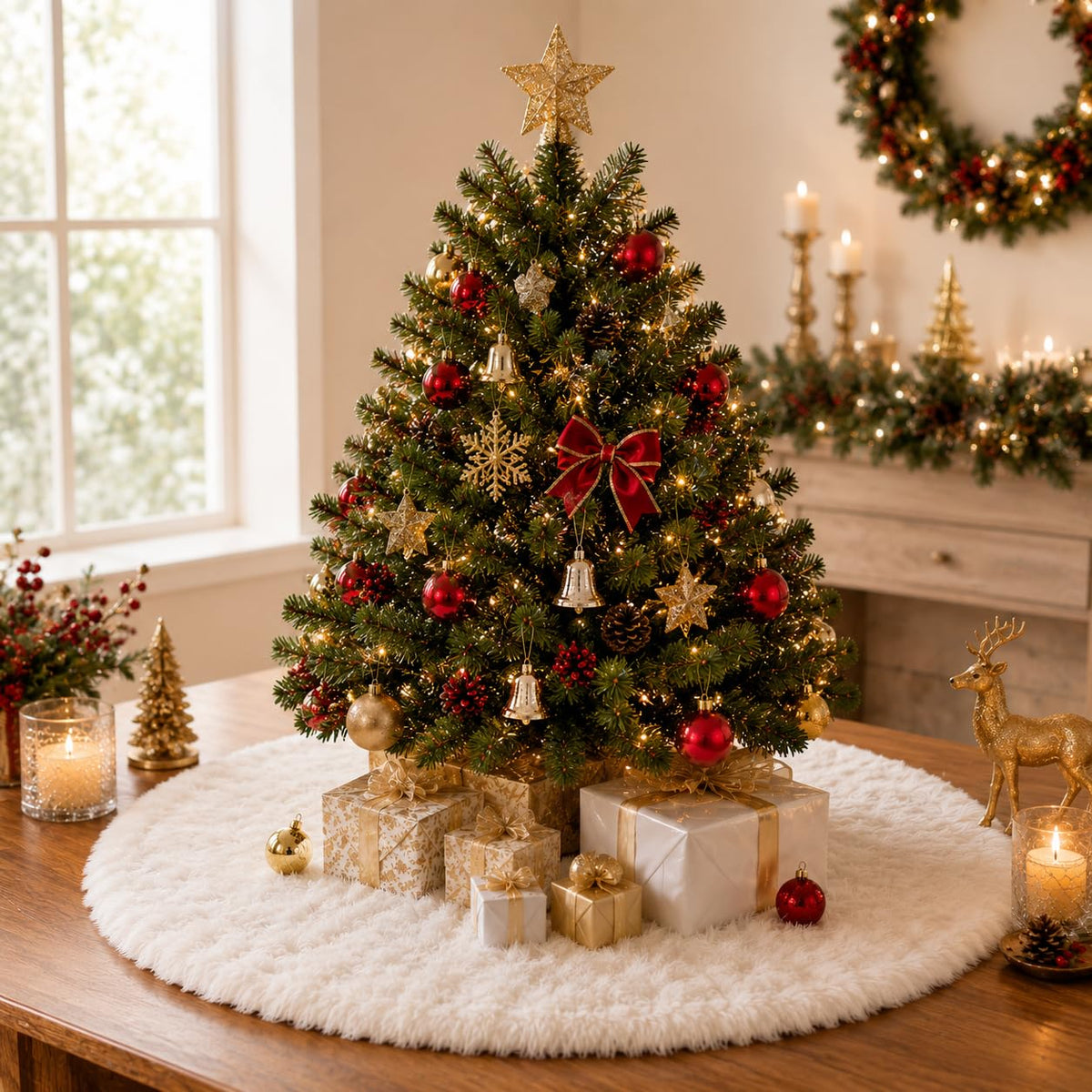 YEAHOME Christmas Tree Skirt, 48 Inch White Soft Faux Fur Tree Skirts Plush Christmas Decorations, White Ornaments Christmas Tree Skirts Xmas Decorations Indoor Holiday Party Decor
