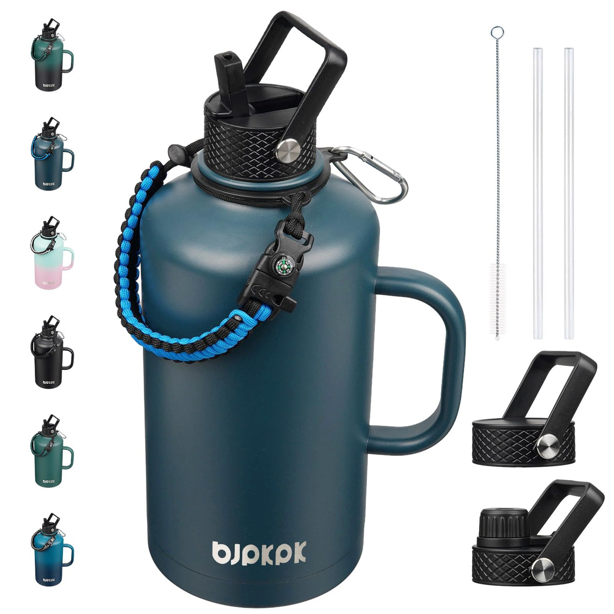BJPKPK Half Gallon Insulated Water Bottles with Straw Lid & Side Handle, 64oz Large, Stainless Steel Water Bottles with 3 Lids and Paracord Strap, Metal Water Jug,Black