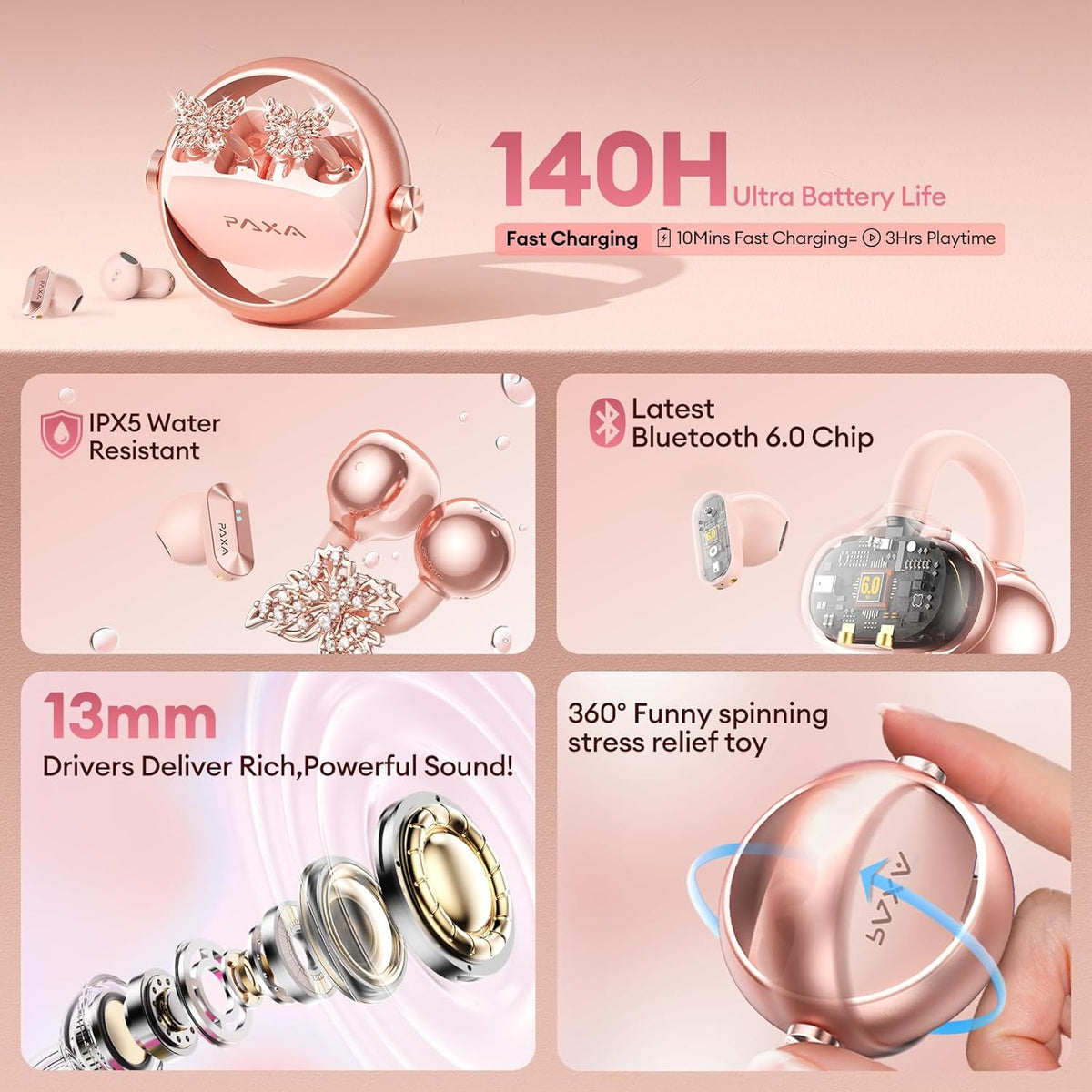 PAXA 3 in 1 Ctbuds Stylish Jewelry-Style Clip on Open Ear Headphones Wireless Earbuds, Instant Earring Mode, Ultra-Long 140H Play, Bluetooth 6.0, All-Day Wear for Work Fitness Daily Use, Rose Gold
