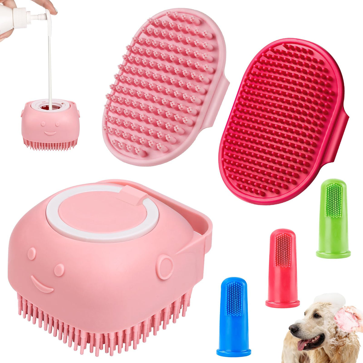 Comotech 6PCS Dog Bath Brush & Dog Toothbrush | Adjustable Handle Shampoo Brush & Scrubber for Short & Long Haired Dogs & Cats | Effectively Solve Odor & Stain Removal Problems (Blue Blue Blue.)