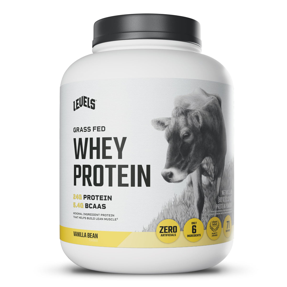 Levels Whey Protein Powder, No Artificial Ingredients, Vanilla Bean, 2LB | 24G of protein and 5.4G BCAAs per scoop, made with hormone-free dairy, zero junk, no fillers, no added sugar, certified clean
