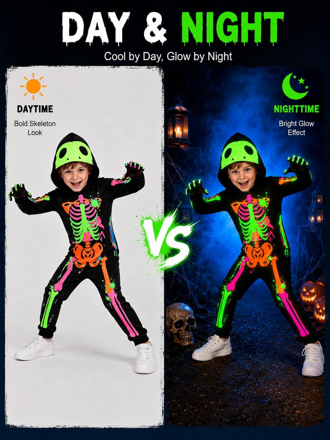 Glow in the Dark Colorful Skull Bones Jumpsuit Halloween Outfit for Kids Unisex Toddler Luminous Skeleton Costumes