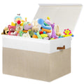 Large Toy Storage Box with Lid, Toy Chest Bin Boxes Basket with Dividers | Sturdy Toy Organizer Bin for Kids, Boys, Girls, Nursery, Living Room, Bedroom, Playroom 25"x13" x16" (Beige and White)