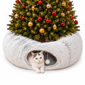 Fluffy Cat Tunnel Bed Under Christmas Tree, Plush Warm Brown