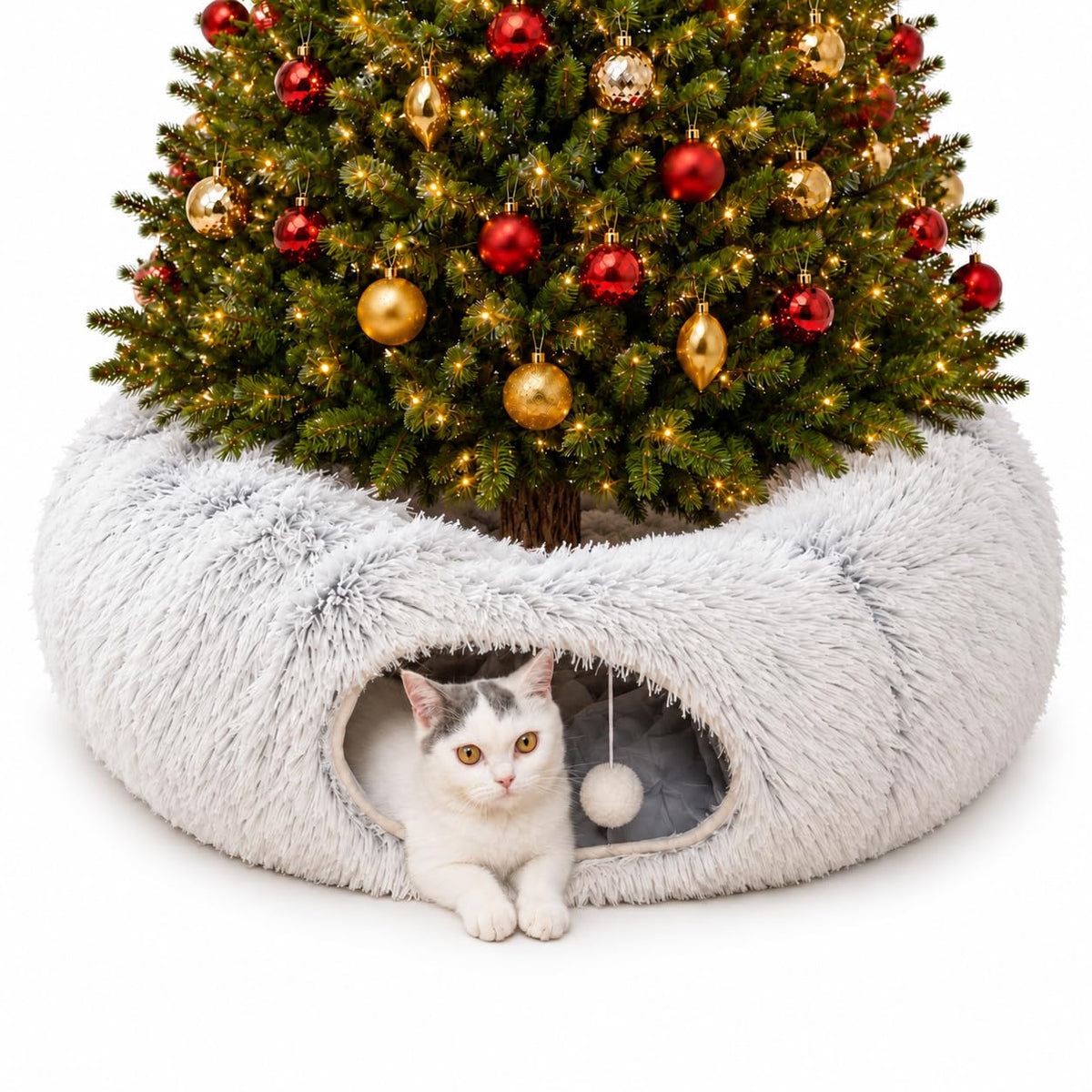 Fluffy Cat Tunnel Bed Under Christmas Tree, Plush Warm Brown