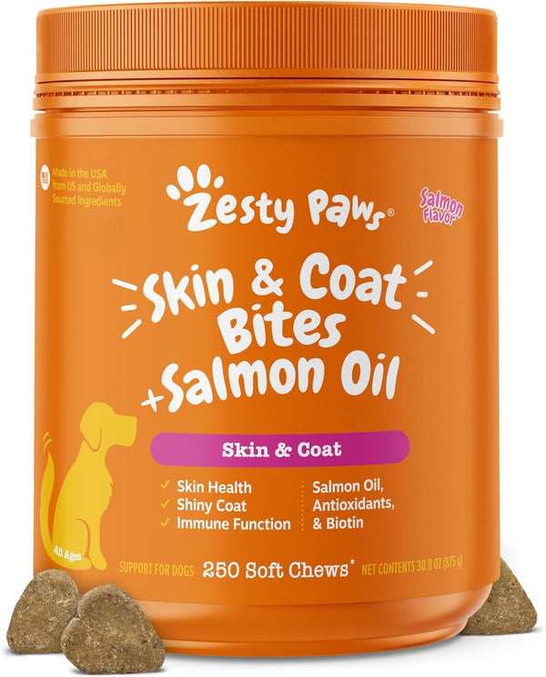 Zesty Paws Salmon Oil for Dogs Skin and Coat, Omega 3 Fish Oil Chews, Dog Allergy Relief Chews, Itch Relief Supplement, 250 Count, Salmon Flavor