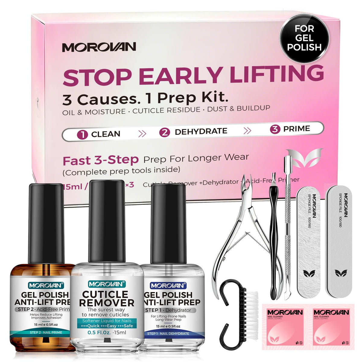 Morovan Professional Natural Nail Prep Dehydrate and Acid-Free Primer, Dehydrator for Acrylic and Gel Nail Polish, Non Acid Primer for UV Gels Fast Dry Superior Bonding Agent Gift Box Set