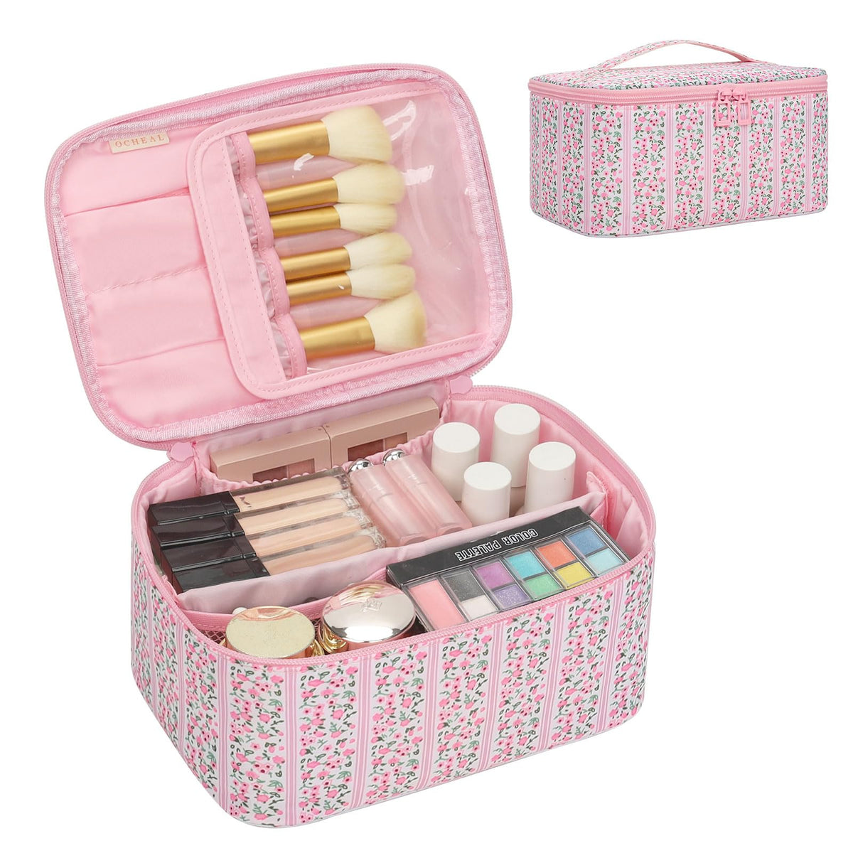 OCHEAL Makeup Bag, Portable Cosmetic Bag, Large Capacity Travel Makeup Case Organizer, Black For Women Toiletry Bag for Girls Traveling With Handle and Divider