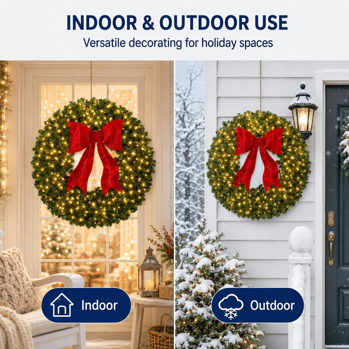 36in Large Pre-Lit Christmas Wreath with Bow, Artificial Greenery