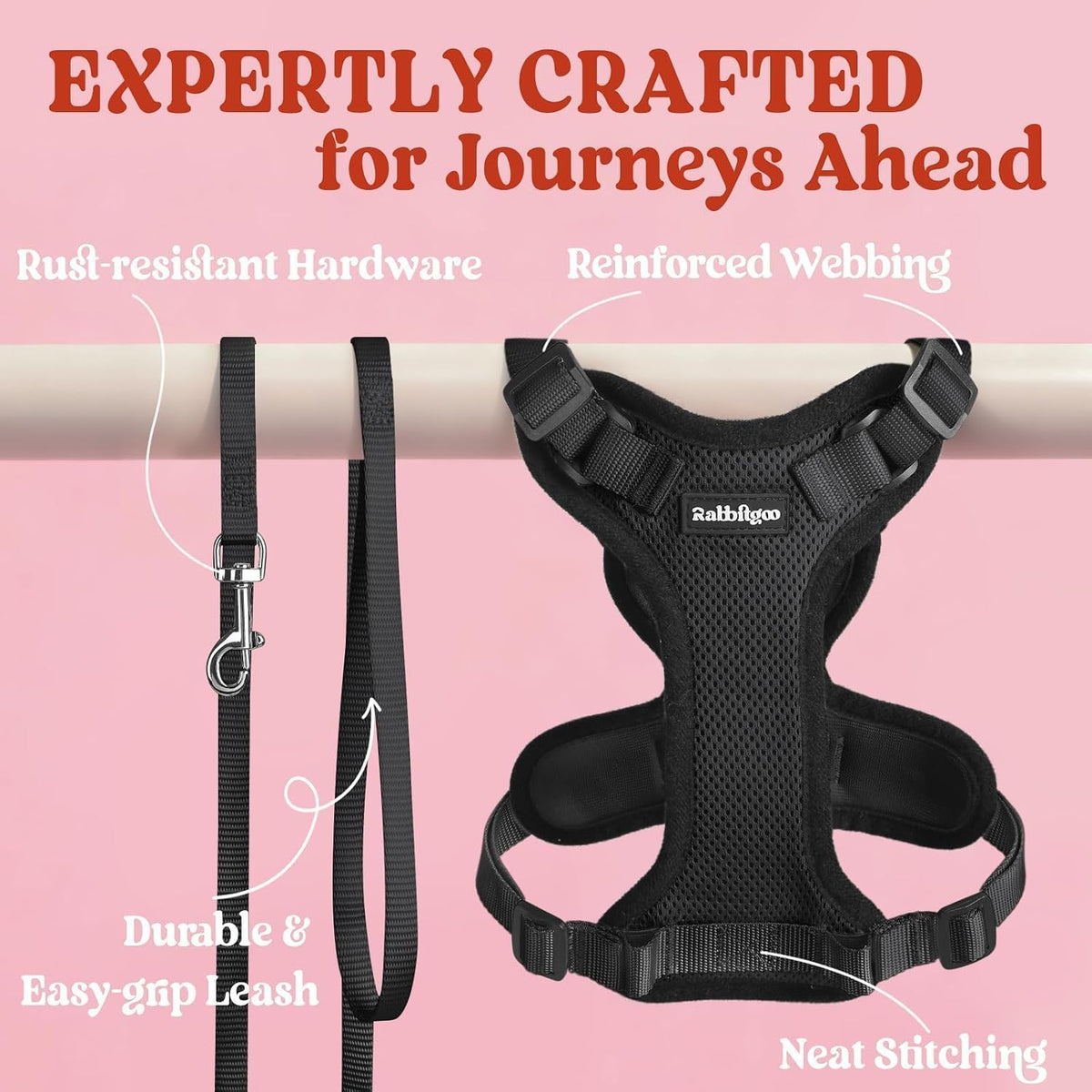rabbitgoo Cat Harness and Leash Set, Escape Proof Vest, Black | Soft Breathable Mesh, Easy Adjustable Fit, Snap Buckles, Sturdy Clip, Reflective Strips, for Small & Average Cats Walks, Xs