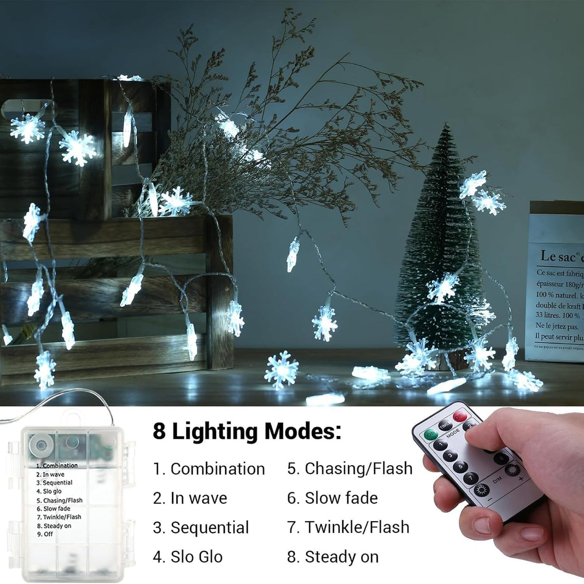 Christmas Snowflake Lights, 20ft 40LED 8 Modes & Timer Battery Operated Fairy Lights for Indoor/Outdoor Holiday Party Decorations (White)