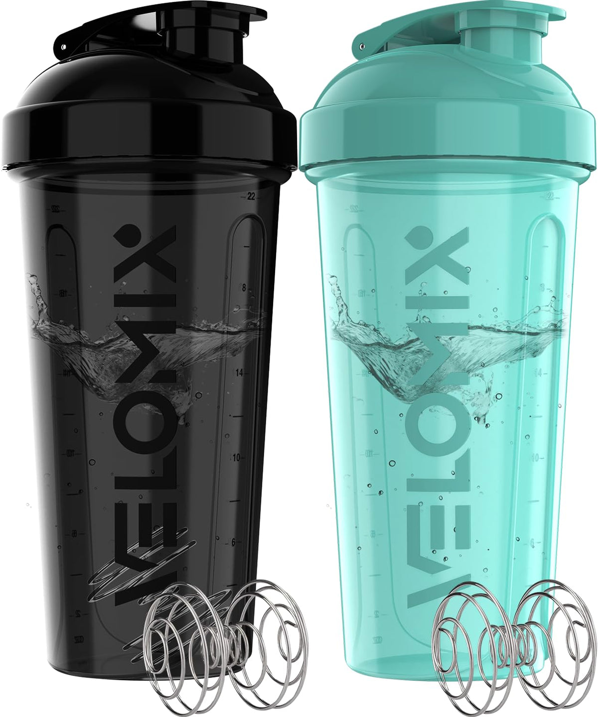 VELOMIX 2 Pack 28oz Protein Shaker Bottle for Protein Mixes, Black/Transpar