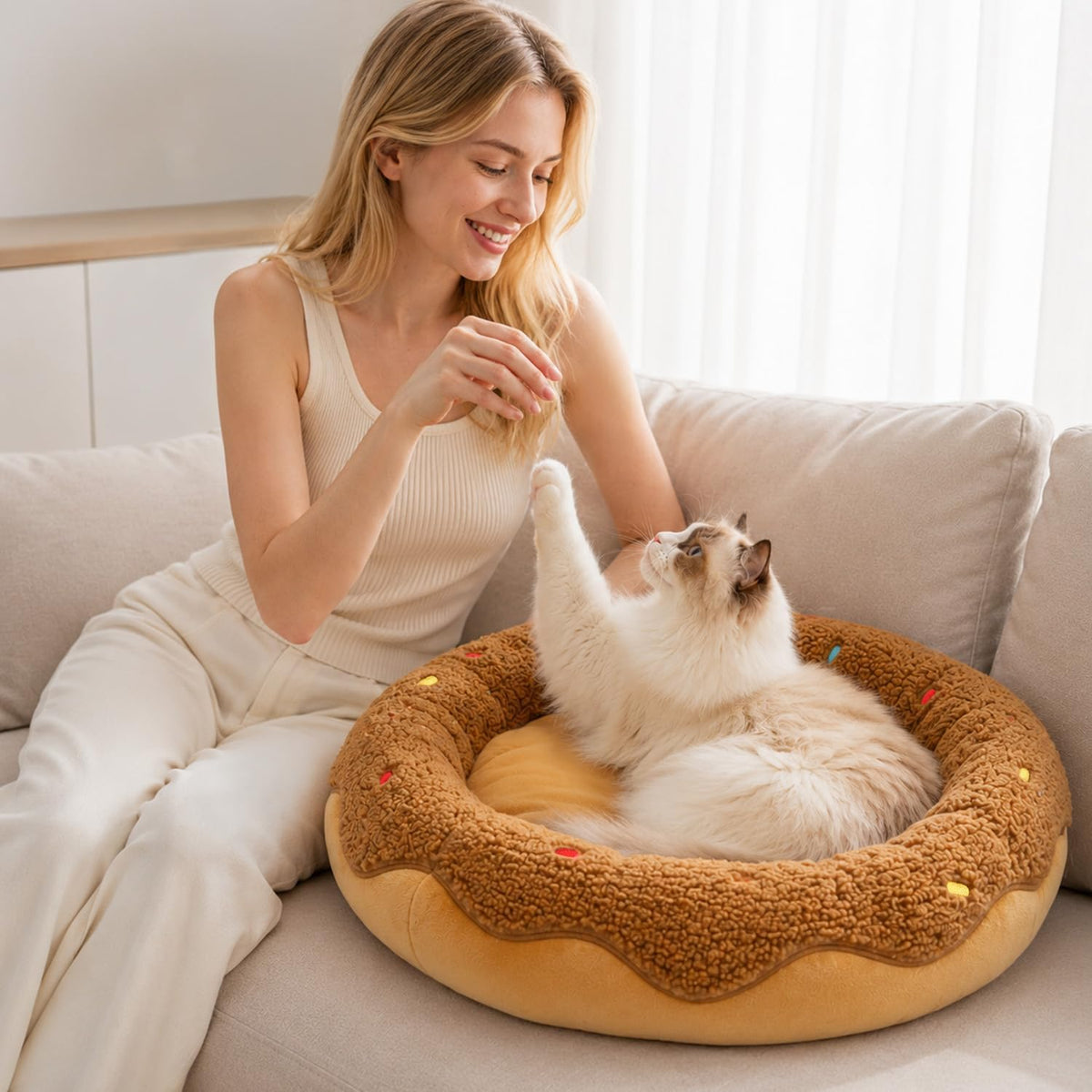 Donut Cat Bed, 21in Calming Small Dog Bed, Washable
