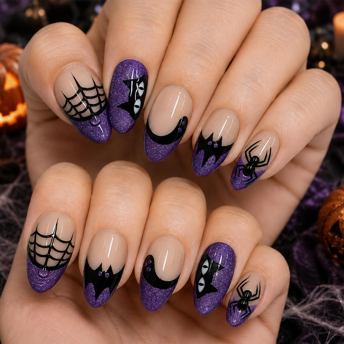 Halloween Press on Nails Medium Almond Ghost Fake Nails 30Pcs