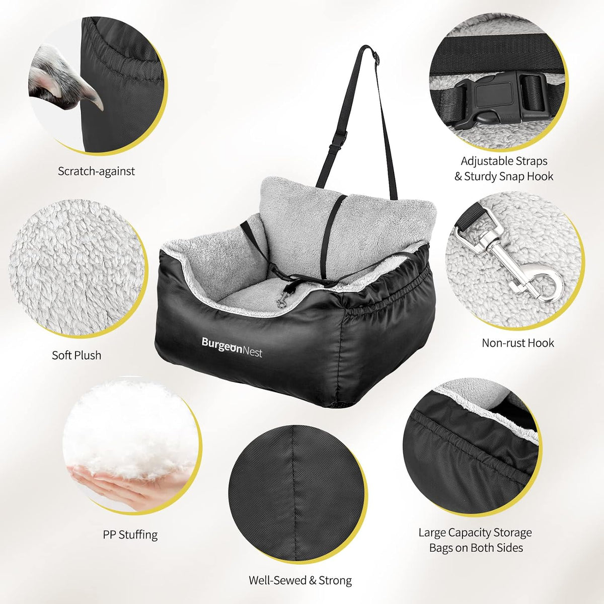 BurgeonNest Dog Car Seat for Small Dogs & Cats Under 25 lbs,Black