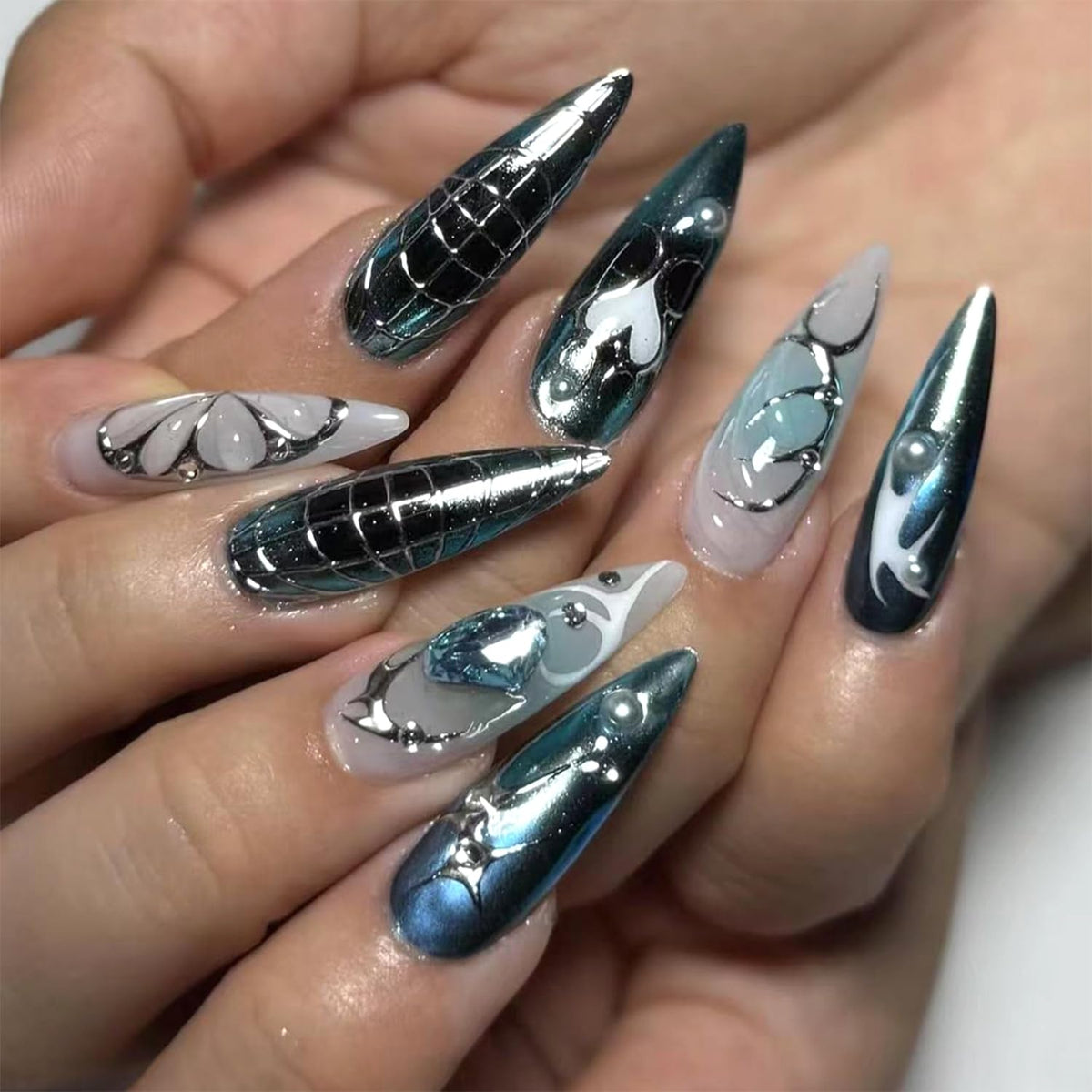 Stilettos Press on Nails White French Tip False Nails Glossy Extra Long Natural Glue on Nail Reusable Artificial Acrylic Stick on Nail for Women