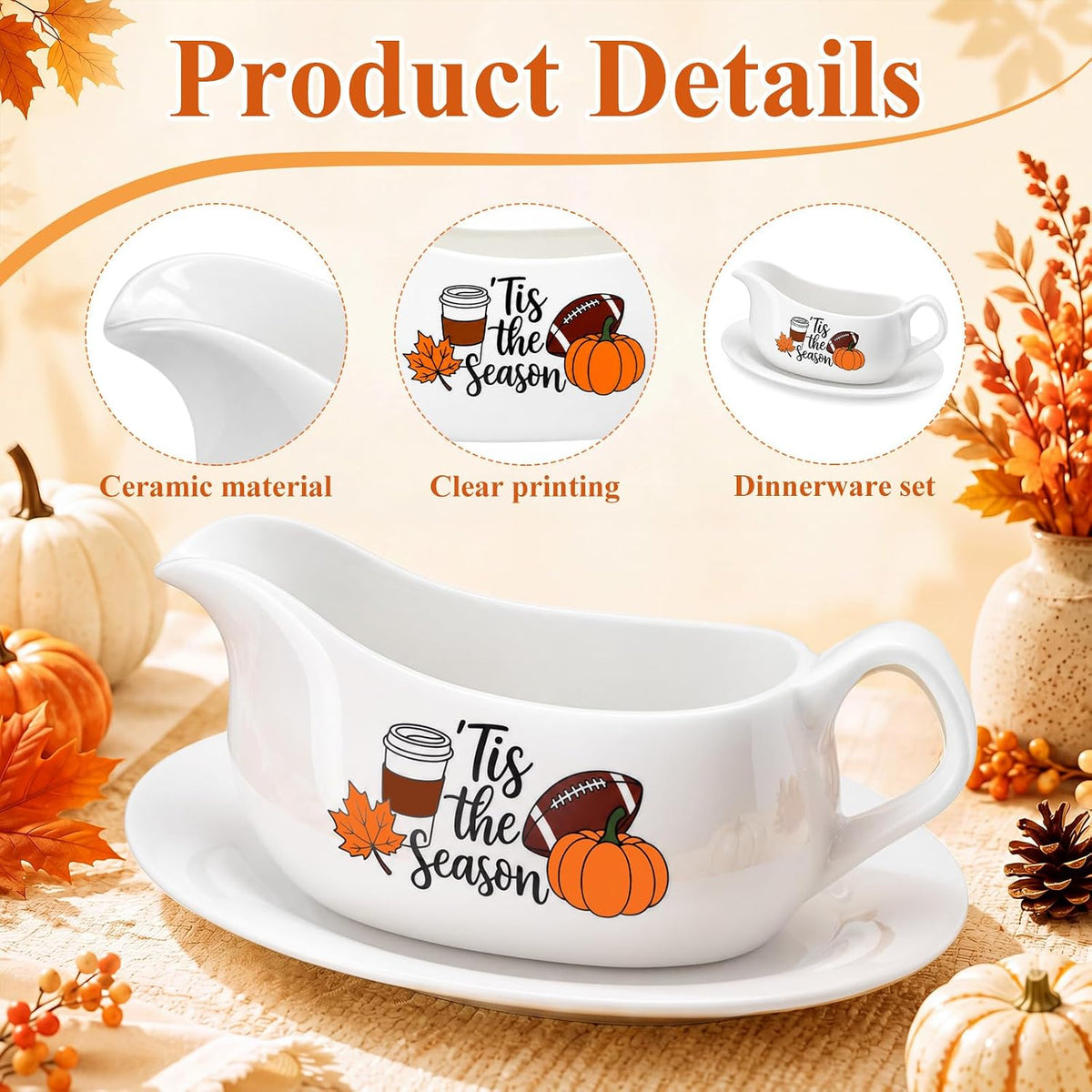 2 Pcs 17oz Thanksgiving Gravy Boat with Saucer Set, Ceramic
