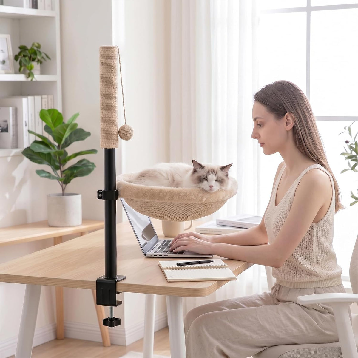 Cat Desk Bed with Scratching Post Clamp On 360 Rotating Camel