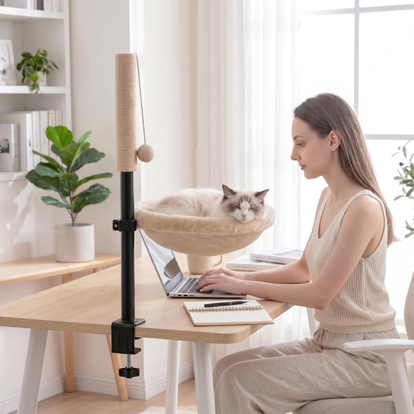 Cat Desk Bed with Scratching Post Clamp On 360 Rotating Camel