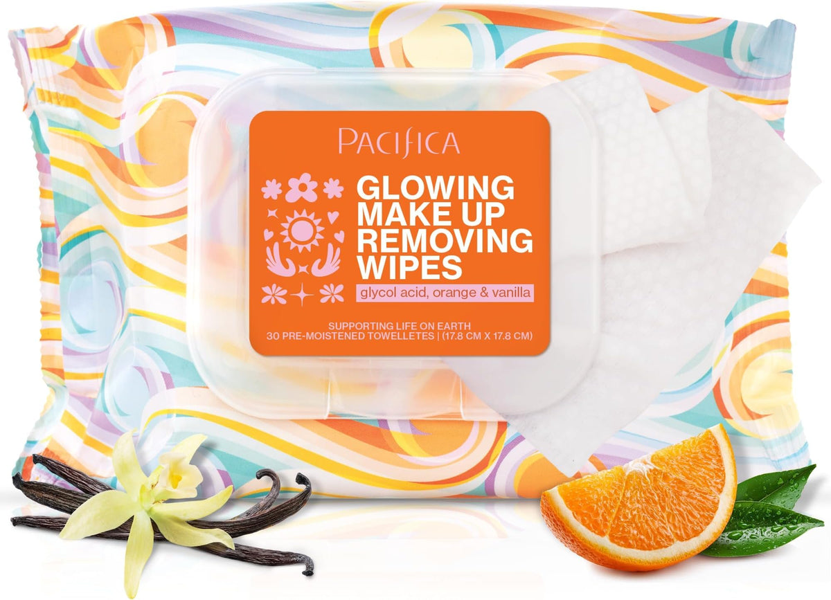 Pacifica Vegan Face Cleansing Wipes, Makeup Remover Wipes w/Glycolic Acid, Aloe Vera & Coconut Water Exfoliating & Hydrating Facial Towelettes for All Skin Types (120 Count) Clean Beauty Cruelty-Free