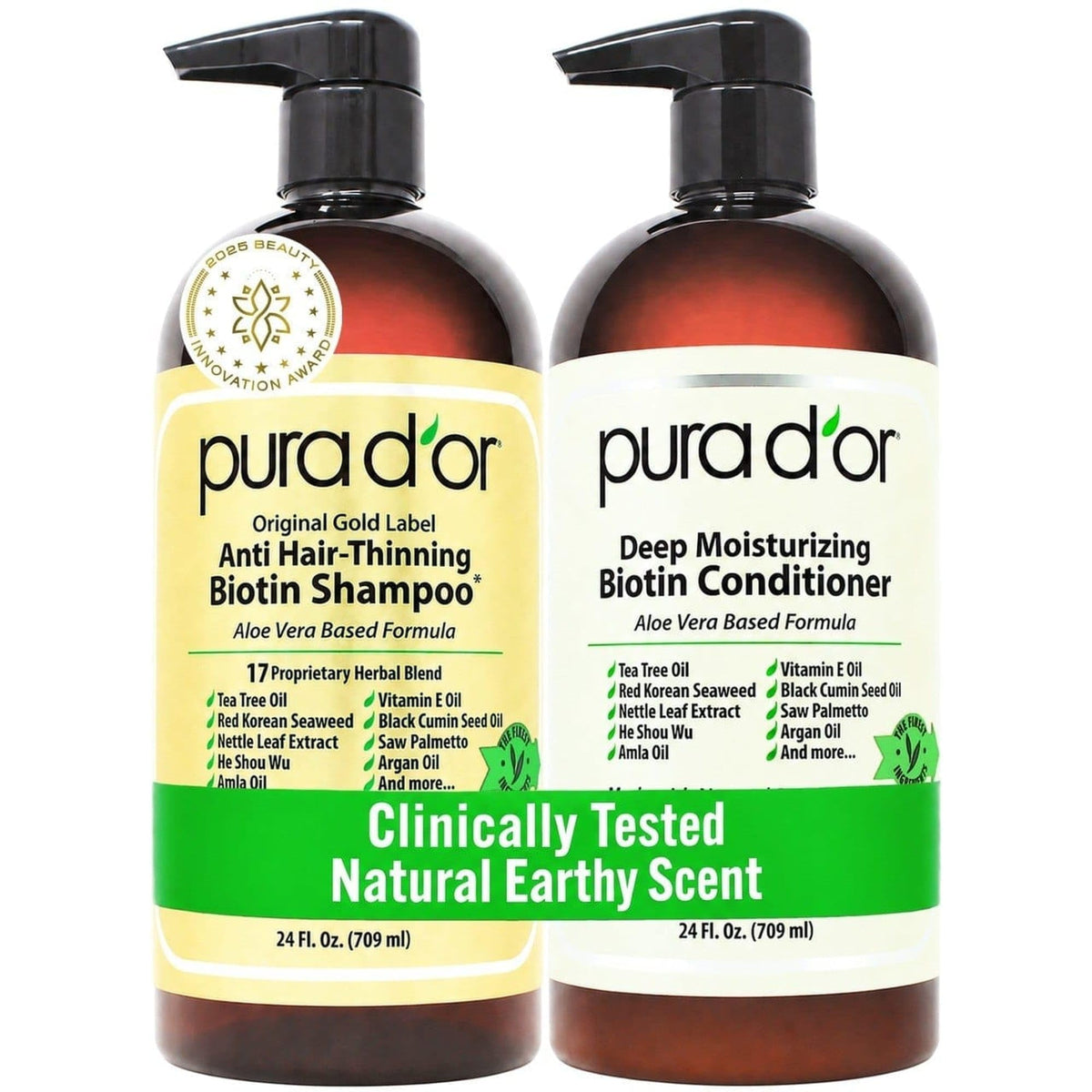 PURA D'OR Anti-Thinning Biotin Shampoo & Hair Regrowth Conditioner, CLINICALLY TESTED Effective Results, Thickening Herbal Blend For Women & Men, Original Gold Label Set, Natural Earthy Scent, 16oz x2