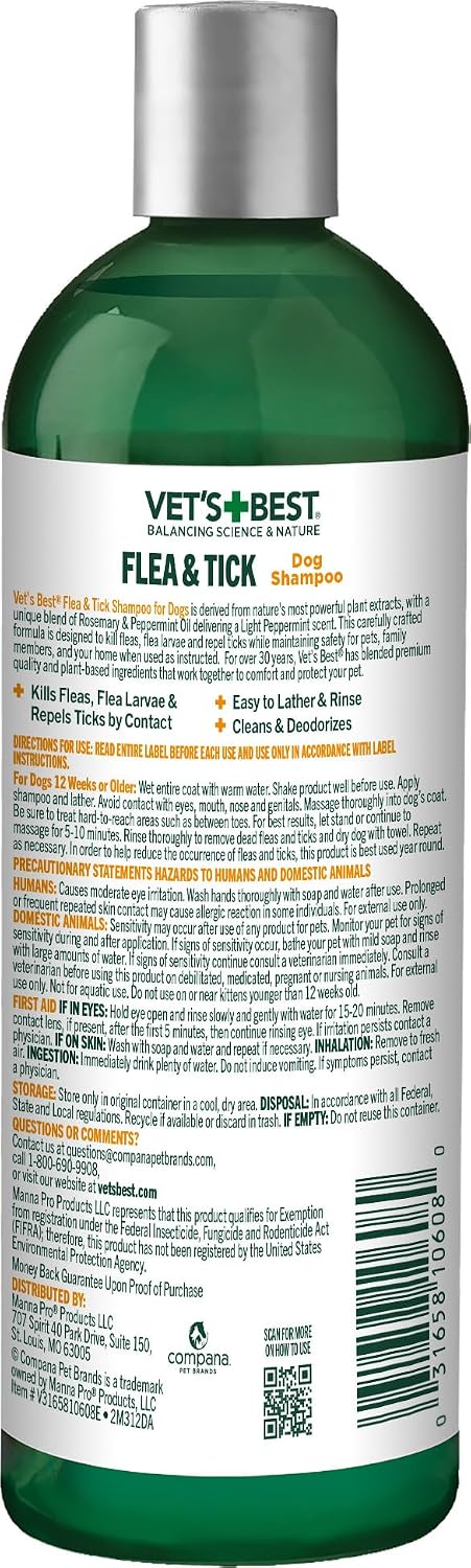 Vet's Best Flea & Tick Shampoo for Dogs, Plant-Based, 12 oz | Advanced Strength Shampoo, Kills Fleas & Ticks, Plant-Based Formula, Cleans & Freshens Coat, Made in USA