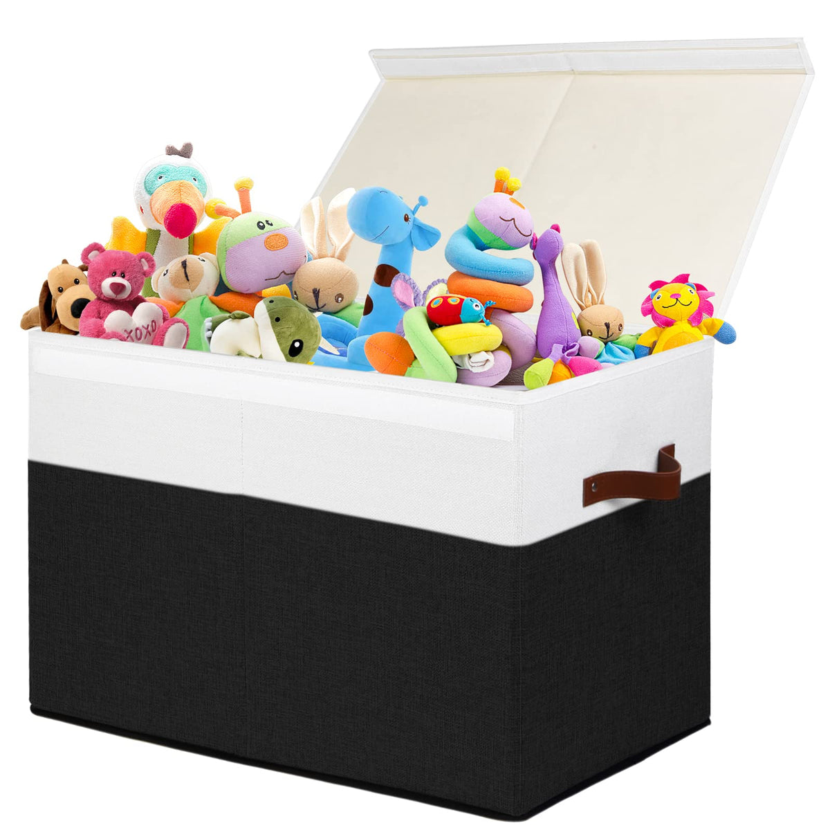 Large Toy Storage Box with Lid, Toy Chest Bin Boxes Basket with Dividers | Sturdy Toy Organizer Bin for Kids, Boys, Girls, Nursery, Living Room, Bedroom, Playroom 25"x13" x16" (Beige and White)