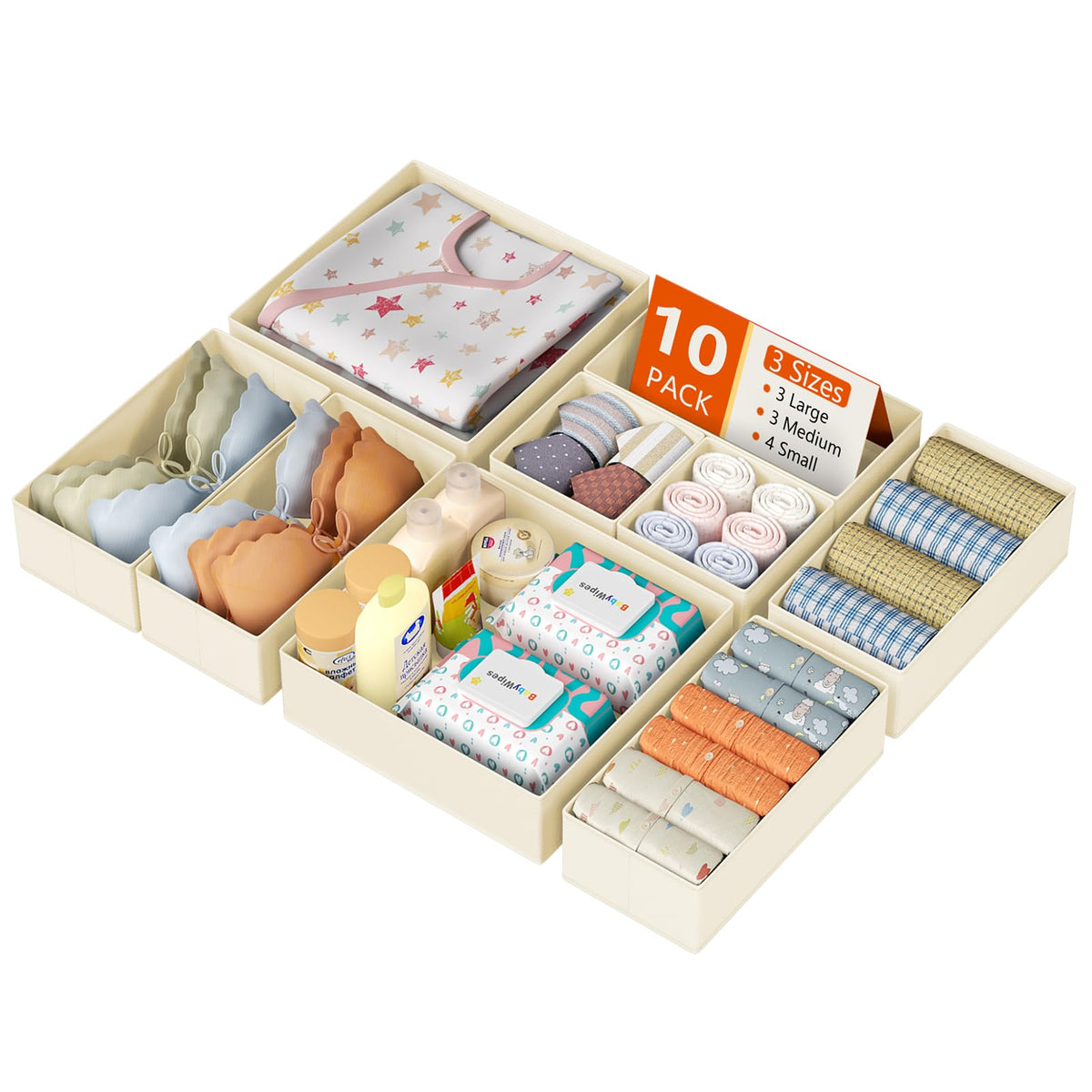 DIMJ Drawer Organizer Clothes, 12 Pack Dresser Organizer, Foldable Closet Organizers and Storage, Fabric Dresser Bins, Drawer Dividers for Nursery, Baby Clothes, Underwears, Sock (Beige)