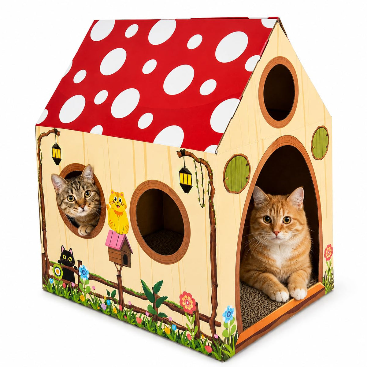 Cinrobiye Cardboard Cat House with Scratcher, Gothic Halloween Cat Scratcher Box with 2 Corrugated Scratch Pads, Open Top Indoor Cat Hideaway Bed for Cats and Kittens