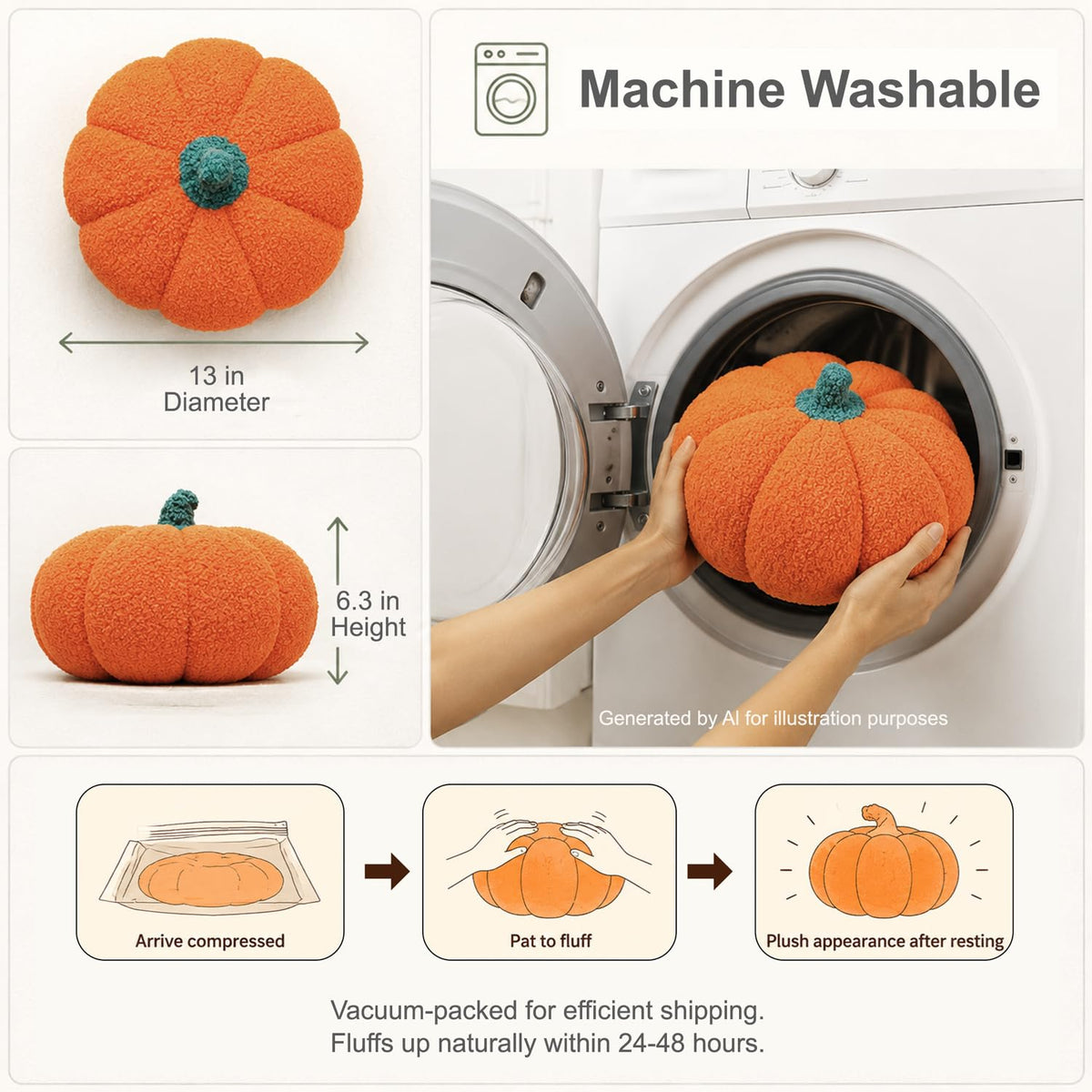 13" Cute Pumpkin Throw Pillow for Fall Decor/Halloween, 1 Pack