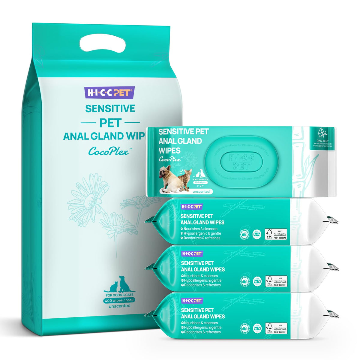 HICC PET Wipes for Dogs & Cats, Cleaning Deodorizing External Anal Area Wipes, Hydrating & Nourish Fur Dog Grooming Wipes for Paw, Butt, Body