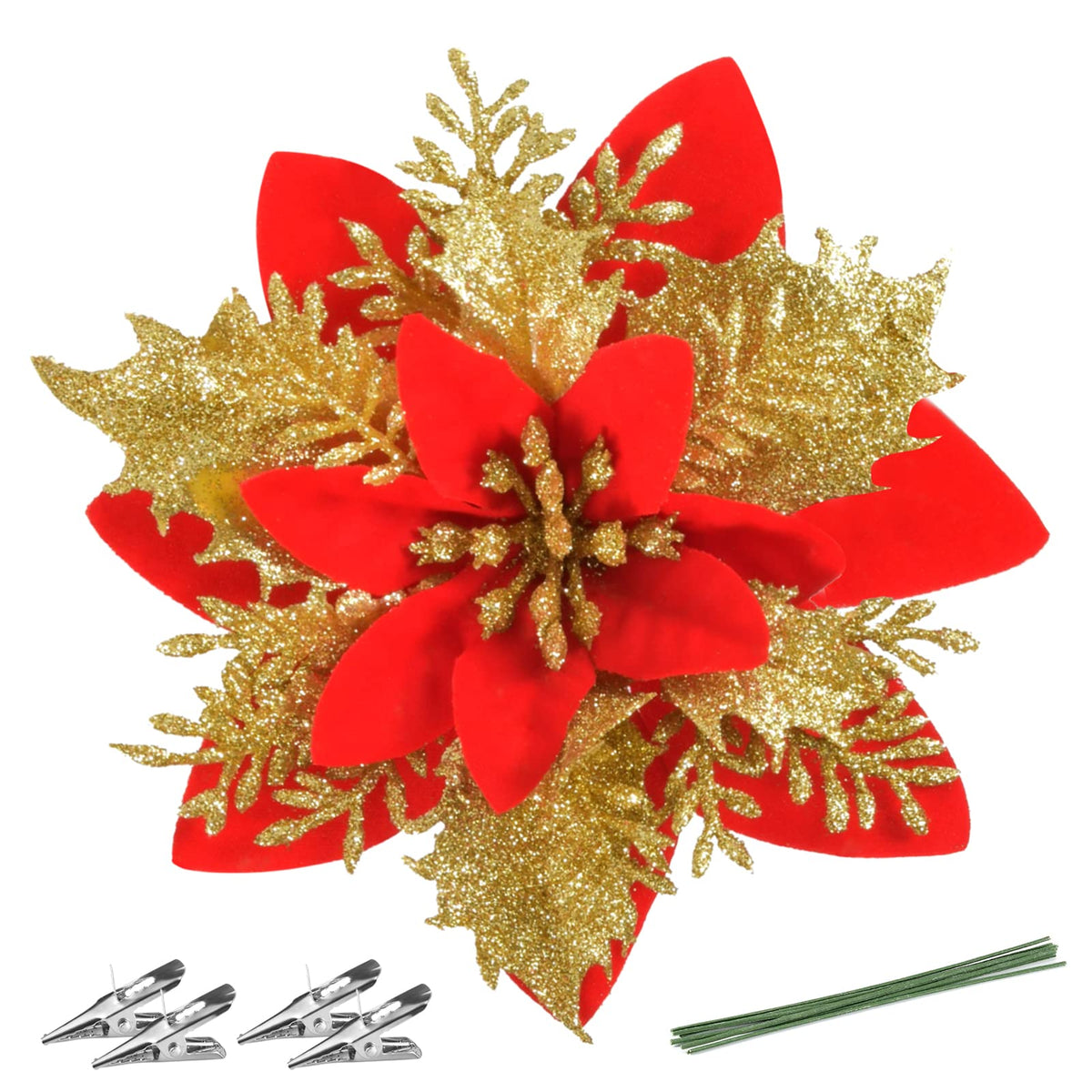 FurRain Christmas Poinsettia Artificial Flowers Decorations 5.5" Christmas Tree Wreaths Garland Decoration 12 Pcs Glitter Flowers Picks Decor for Xmas New Year Wedding Party Ornaments (Pink)