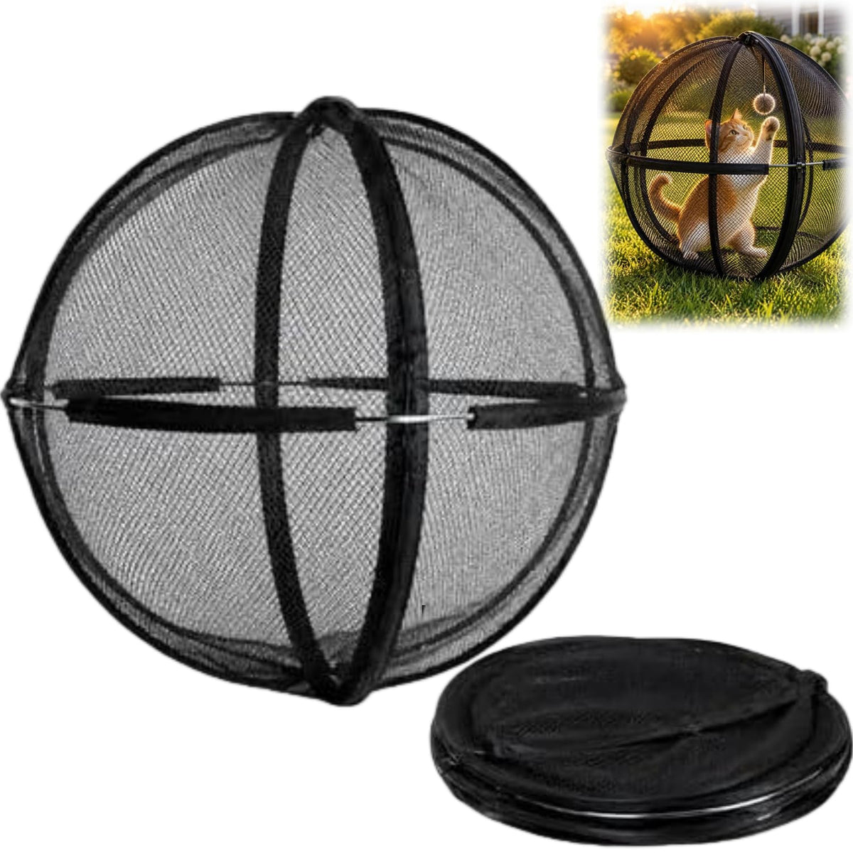 Outdoor Cat Enclosure, Giant Cat Hamster Ball for Outside, Mesh Ball Cat Cage, 360 Panoramic Rolling Cat Playpen, Foldable Breathable Mesh Pet Playpen with Zipper, Cat Outdoor Ball Cage