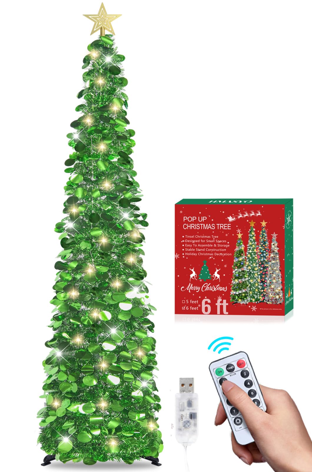 HMASYO 6 FT Pop Up Christmas Tree with 100 LED Timer Lights & Remote, Green Christmas Tinsel Tree, Collapsible Artificial Pencil Tree for Home Office Party Decor, USB Powered, Easy Assembly