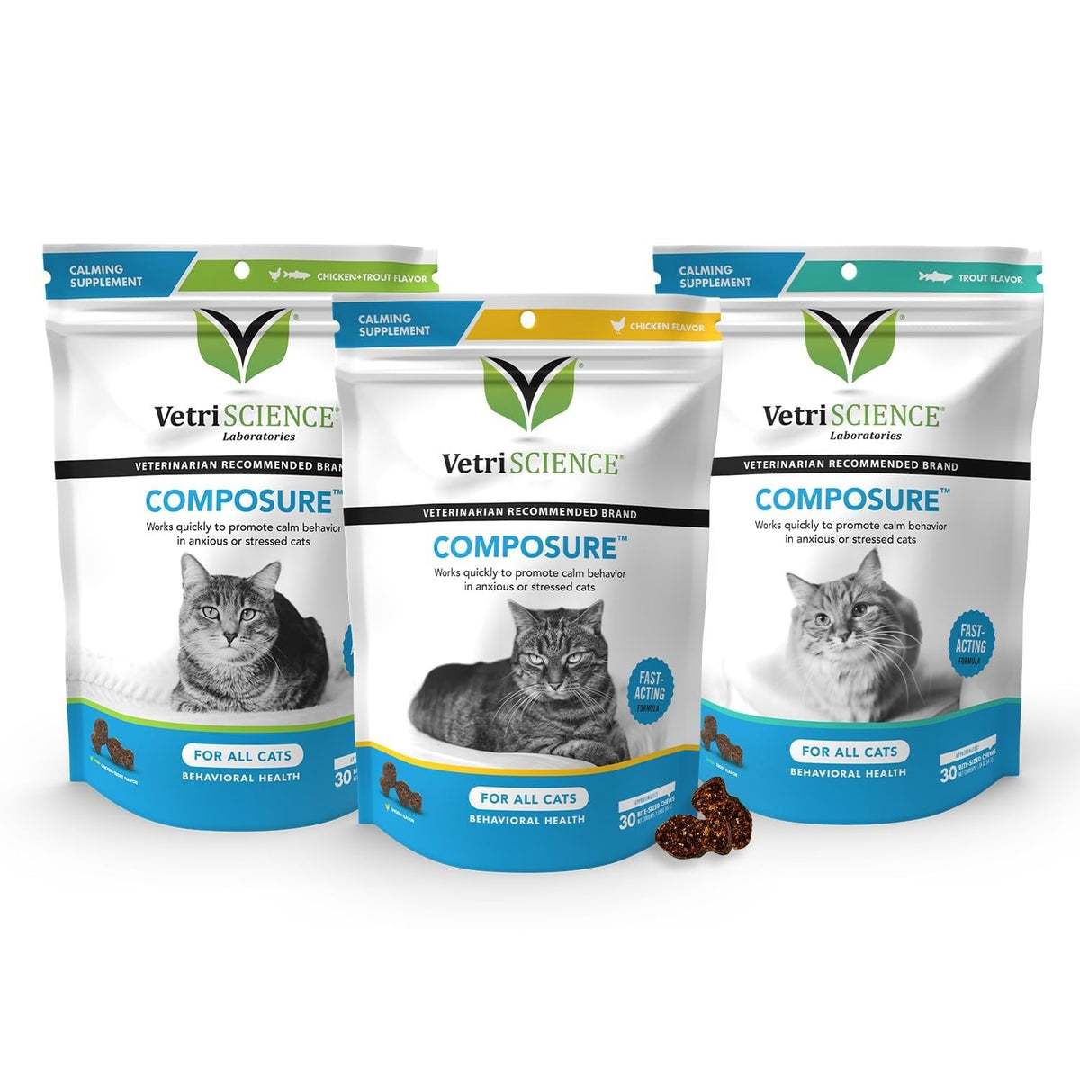 VetriScience Composure Calming Chews for Cats – Supports Relaxation & Balanced Behavior During Travel & Vet Visits, Daily Stress & Anxiety Support Supplement, Chicken Flavor, 30 Count